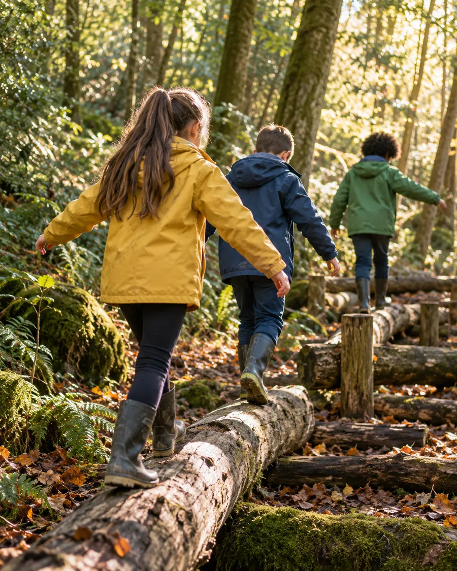 Primary-age children exploring a woodland trail